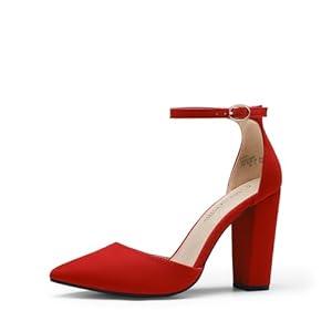 DREAM PAIRS Women's Coco High Heels Chunky Block Pumps Pointed Closed Toe Ankle Strap Dress Shoes, Size 11, Red/ Suede, Coco