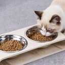 Beige Marble Elevated Dog Bowls Set - 2 Thick 6" Stainless Steel Puppy Food Bowl with Non-Slip Raised Holder Stand, Double Feeding Bowls for Food and Water, Suitable for Cats and Small Medium Pet