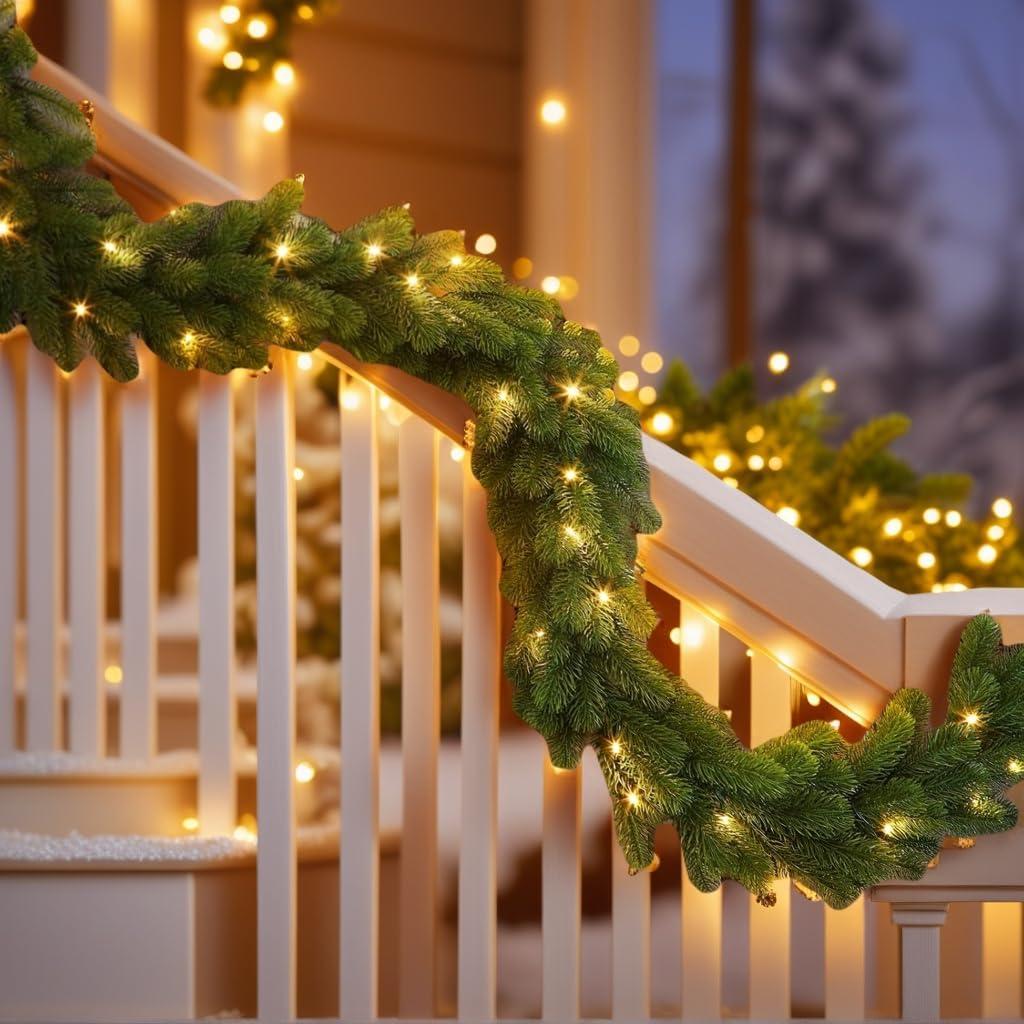 Christmas Pine Garland with led Lights Christmas Decorations, Pre-Lit Artificial Greenery, Indoor Outdoor Holiday Decoration for Mantel, Porch, Winter Home Decor, 70.6 Inches
