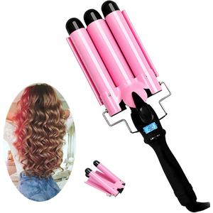 3 Triple Barrel Ceramic Tourmaline Curling Iron Wand with LCD Temperature Display - 1 Inch Crimping Waver, Dual Voltage (Pink)