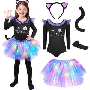 GIFTINBOX Cat Costume for Girls, Light Up Black Cat Costume, Halloween Animal Dress Up Costumes for Kids Age 3-8 (M(5-6y))