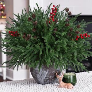 HyeFlora 17 PCS Christmas Norfolk Pine Stems with Small Pinecones and Red Berries Branches,19 Inch Real Touch Artificial DIY Greenery Pine Needles, Faux Cedar Pines Picks for Wreath Garland Xmas Décor