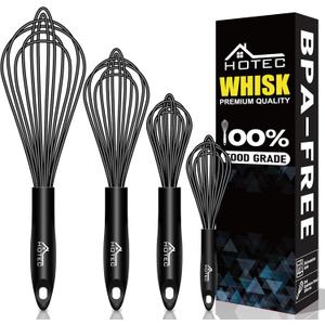 HOTEC 4 Pieces Silicone Whisks Set, Wire Balloon Whisks Egg Beater, Non-slip Handle Whisk for Non-stick Cookware Perfect for Cooking, Stirring, Beating and Blending (Black)