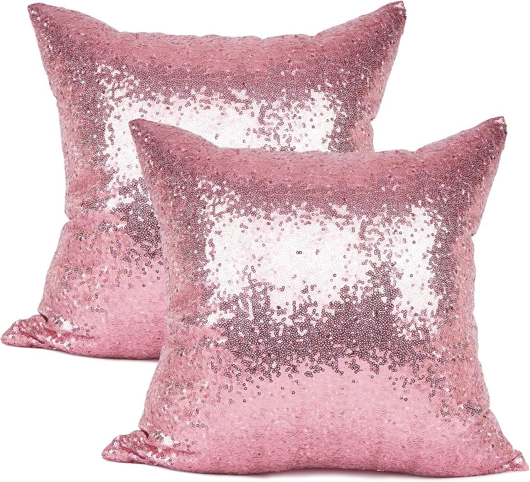 YOUR SMILE Pack of 2 New Luxury Series Pink Bling Decorative Glitzy Sequin & Comfy Satin Solid Throw Pillow Cover Cushion Case for Wedding/Christmas,18" x 18"