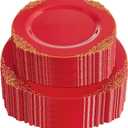 102PCS Red and Gold Plastic Plates - Red Plates Disposable - Red Plastic Plates with Gold Rim Include 51PCS Dessert Plates, 51PCS Dinner Plates Perfect for Graduation & Weddings & Parties
