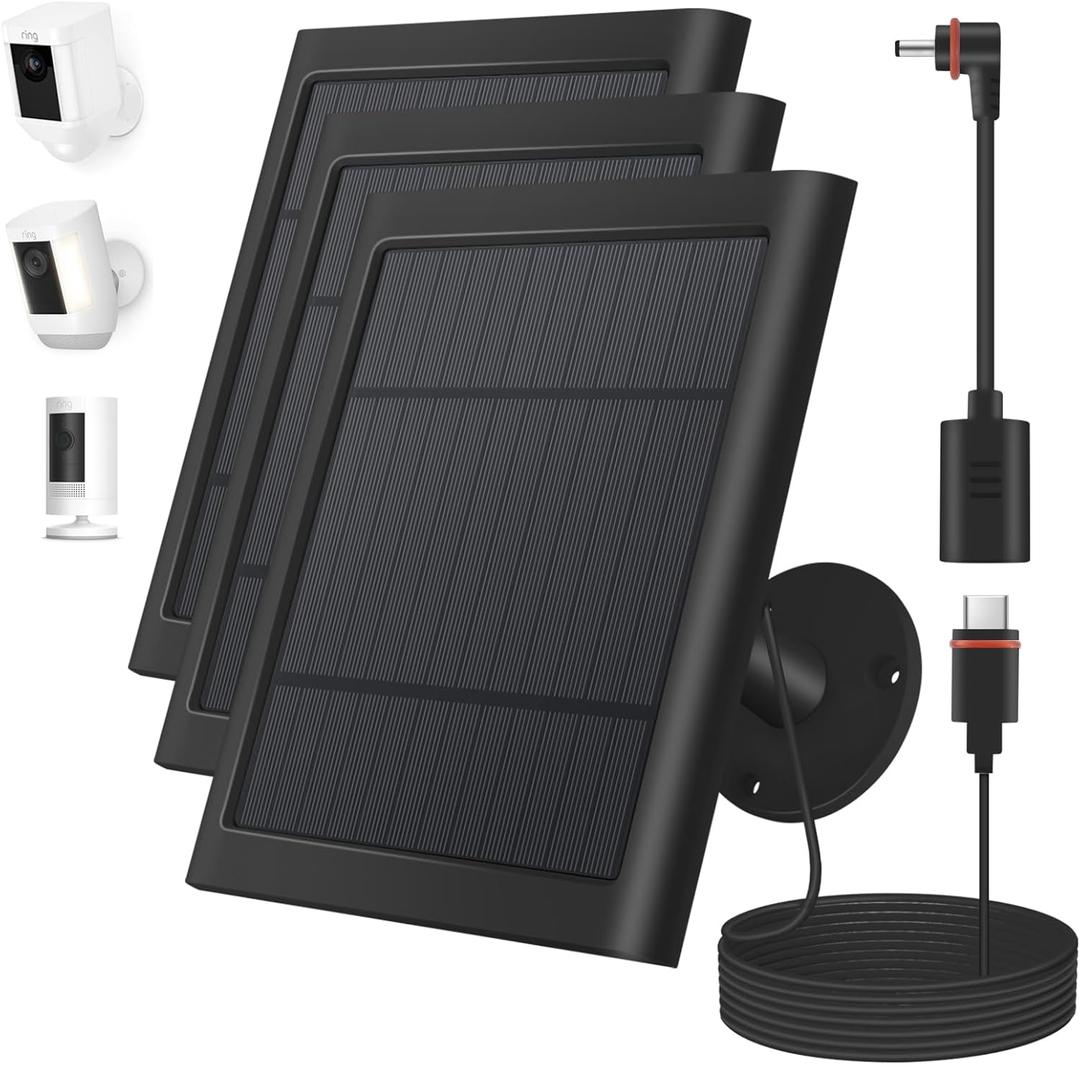 Solar Panel for Ring Camera, 3 Pack 4W Solar Charger Compatible with Ring Spotlight &All-New Stick Up Outdoor Cam Battery, 10ft Long Cable with USB-C to Rings Barrel Plug Adapter (Black)