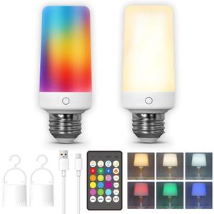 2PK Rechargeable Light Bulbs with Remote, Emergency Battery Operated Light Bulbs with Dual Recharging Ways, Tuned White 12 RGB Colors Optional Timer for Lamp Power Outages Camping Hurricane