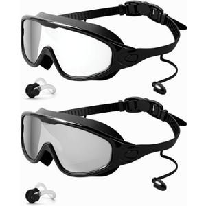 Rantizon Swim Goggles 2 Pack, Wide View Anti Fog&UV Swimming Goggles for Audlt, No Leaking Swim Glasses for Men Women Kids (Large for Adults, Transparent Black & Gray)