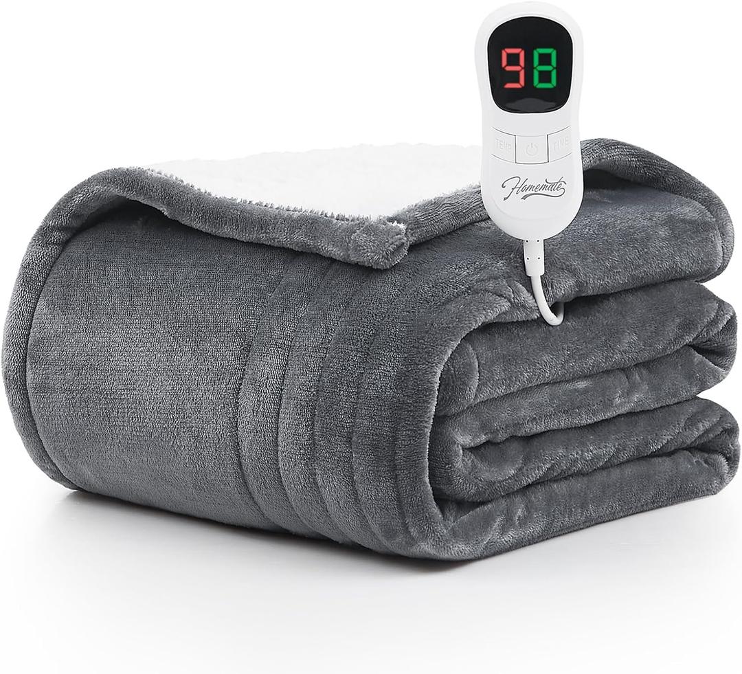 Homemate Heated Blanket Electric Throw - 50"x60" Heating Blanket Throw 1/2/4/6/8 Hours Auto-off 10 Heat Level Over-heat Protection Flannel Sherpa Heater Blanket ETL Certification (50 Inch x 60 Inch, Light Grey)