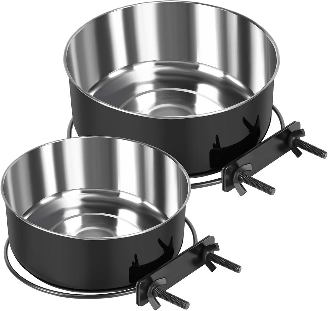 2 Pcs Black Large Pet Dog Food Water Bowl for Cage Stainless Steel Non-Spill Kennel Hanging Cats Bowls with Clamp Holder Crate Feeder Dish for Medium Large Dogs Huge Pets (7.1x2.5'' & 6.3x2.4'')