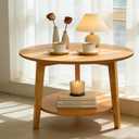 2-Tier Round Coffee Table Wood Nesting Side Table (Oak, 28x28x18)