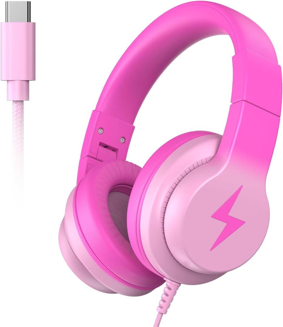Candy Bila Wired USB C Kids Headphones, 85dB Safe Volume Limit, HD Stereo Sound, Adjustable Headband, Foldable Over-Ear Design for School/Travel/Boys/Girls/iPad/Tablet (Gradient Rose Pink)