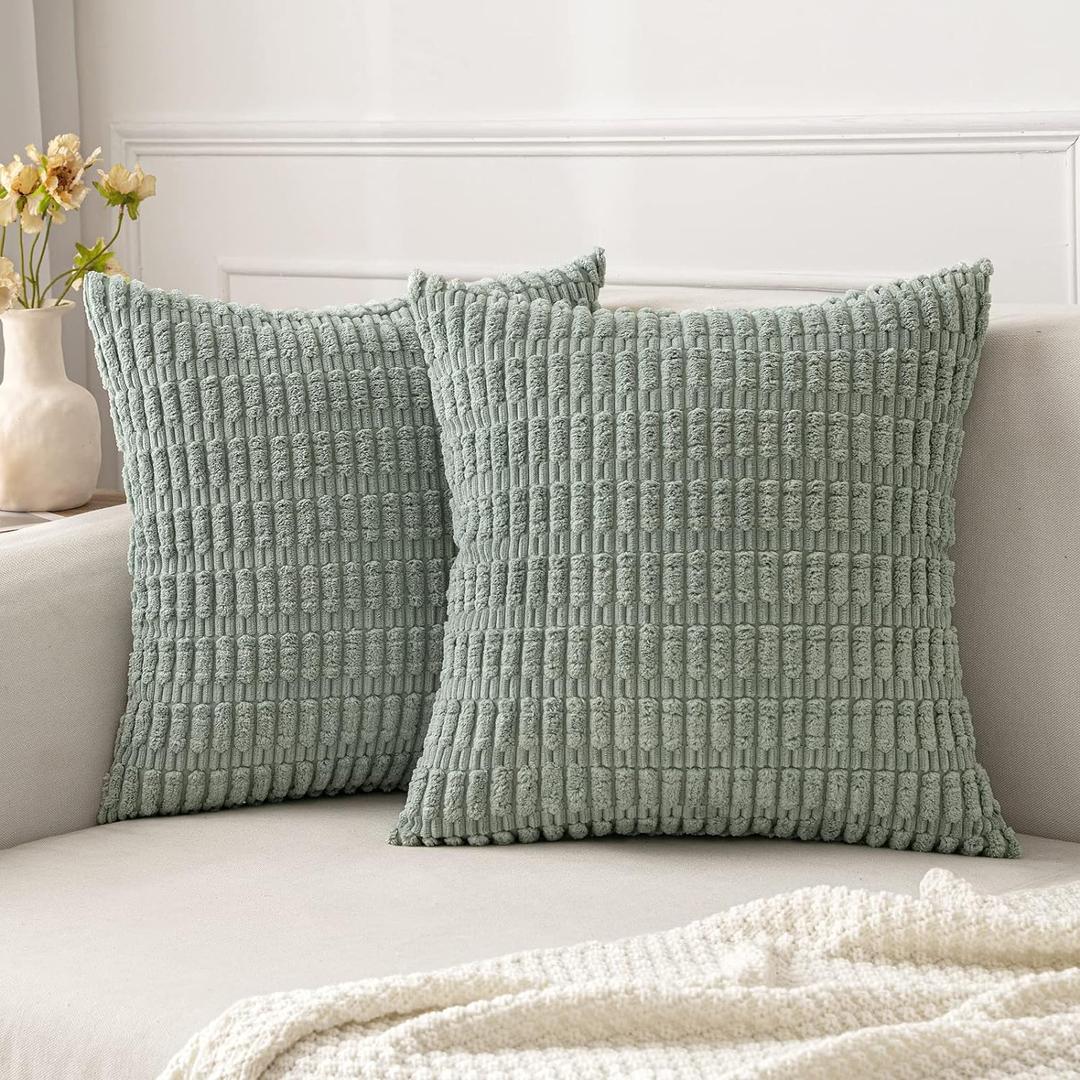 MIULEE Pack of 2 Corduroy Decorative Throw Pillow Covers 18x18 Inch Soft Boho Striped Pillow Covers Modern Farmhouse Home Decor for Sofa Living Room Couch Bed Greyish Green (18" x 18" (Pack of 2))