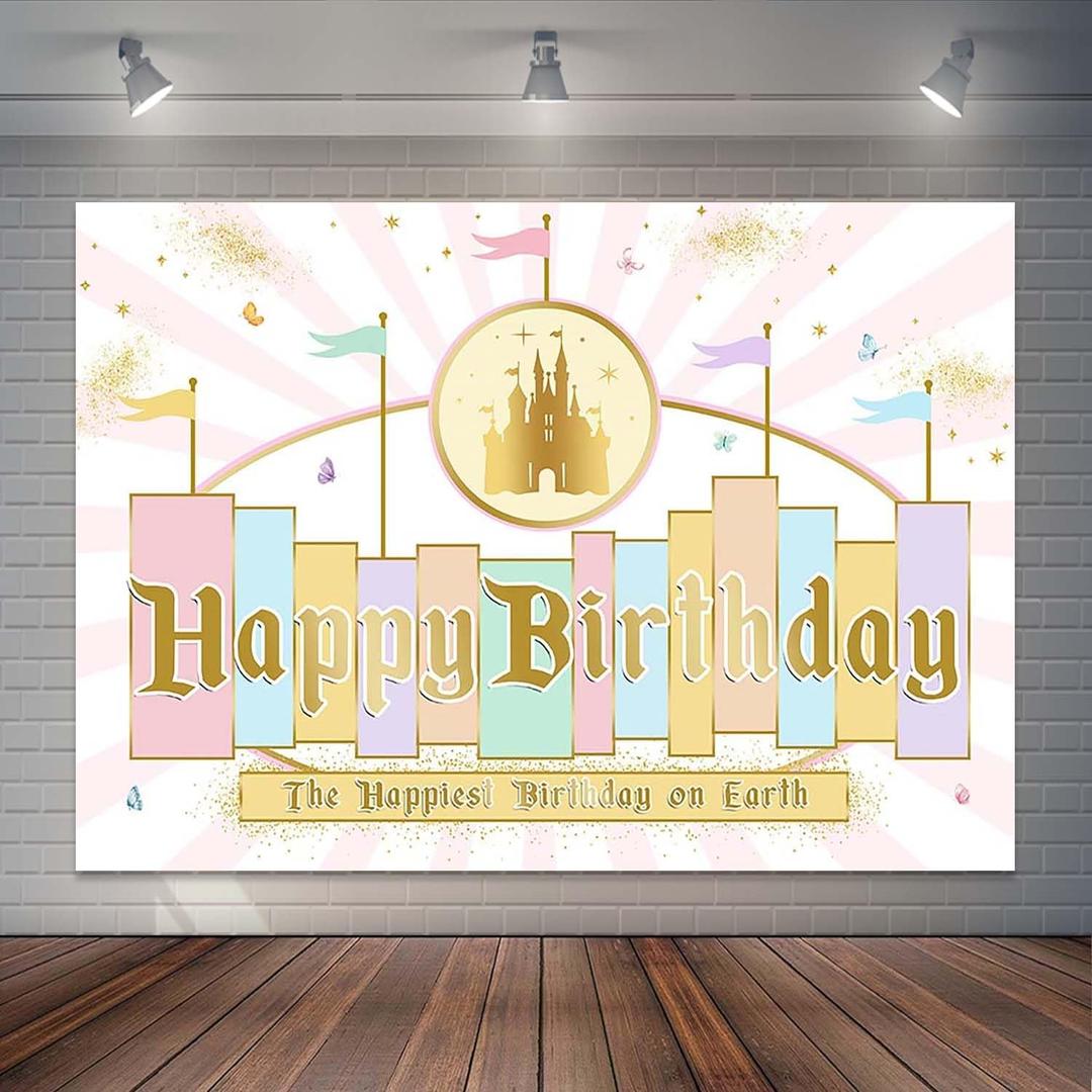 Princess Castle Birthday Backdrop Pastel Rainbow Stripes Magical Background Gold Glitter Happiest Birthday On Earth Party Cake Table Decorations Banner Photo Booth Props (7x5ft)