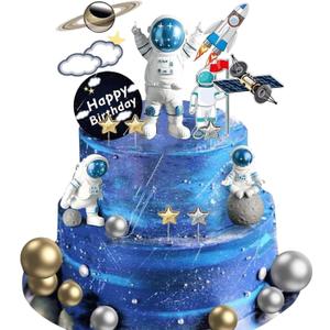 22Pcs Space Cake Topper,Space Cupcake Toppers Astronaut Figurine Birthday Outer Space Themed Party Decorations Supplies Planet Rocket Pearl Balls and Star DIY Cake Toppers (Bule)