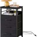 IBUYKE Nightstand with Charging Station,Side Table with Fabric Drawers, Bedside Table with USB Ports and Outlets, End Table for Bedroom, Living Room, Black UTNS001B