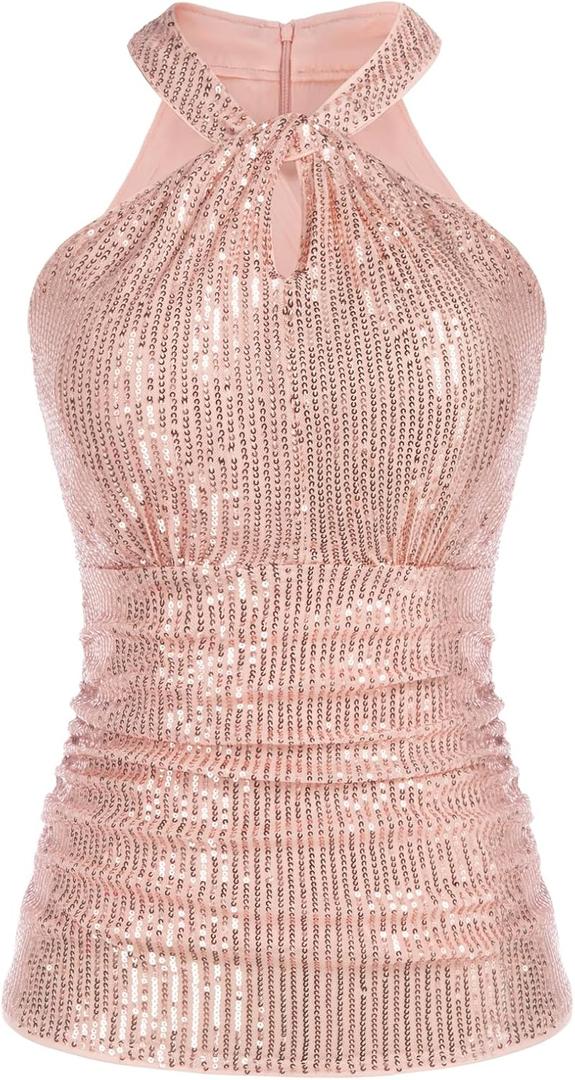 GRACE KARIN Sequin Tops for Women Elegant Tops Sparkle Tank Shimmer Party Club Cocktail Slim Fit Ruched Tops (Small, Rose Gold)