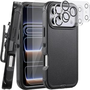 WallSkiN Rugged Case for iPhone 17 Pro Max (Black)  Complete Kit with 2 Screen Protectors + 2 Camera Lens Protectors, Heavy-Duty Shockproof Case with 360 Rotatable Holster & Kickstand