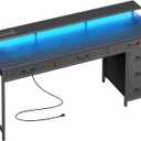 Huuger Gaming Desk with 6 Drawers, Computer Desk with LED Lights Power Outlets and Type-C, 55 Inch Office Desk with Storage, Monitor Stand, Writing Desk Work Desk Home Office, Bedroom, Study, Black
