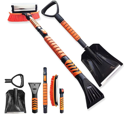 45'' Extendable Ice Brush and Ice Scraper 40'' Car Snow Shovel Snow Removal Tools 5 in 1 Foam Grip Snow Brush with Squeegee 180° Pivoting Brush Head for Cars Windshield,Vehicle,Trucks,SUVs