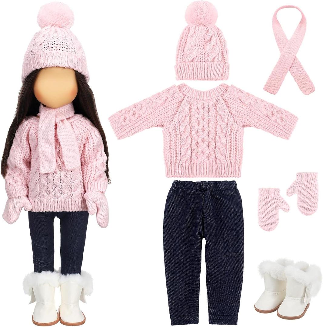 Bencailor 6 Pcs Winter 18 Inch Doll Clothes and Accessories Winter Outfits Set Sweaters Trousers Hats Shoes for 18 Inch Doll Gifts(Pink,Lovely)