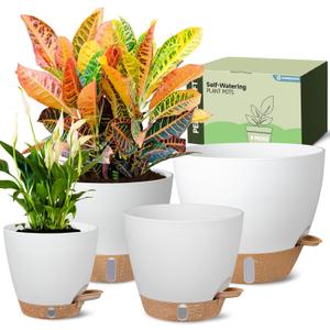 Self-Watering Pots for Indoor Plants 4 Pack, 6/8/10/12 Inch Outdoor Planters with Water Level Indicator & Deep Reservoir, Decorative Flower Pots for Home Decor (White, 12+10+8+6 Inch)