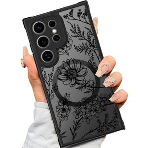SEXYMOM Magnetic for Samsung Galaxy S24 Ultra Case - Wireless Charging Compatible,Cute Floral Design for Women and Girls,Slim Fit Translucent Matte Phone Case - Flower Leaves