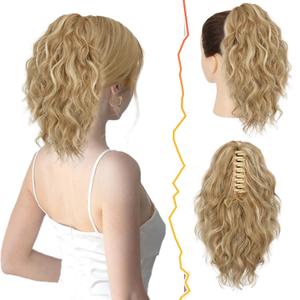 BARSDAR Short Blonde Ponytail Extension - 12 Inch Claw Clip Ponytail Hair Extensions for Women - Short Wavy Multi Layered Synthetic Clip in Pony Tail Hairpieces Daily Party - Blonde Mixed (Light Ash Blonde with Highlights)