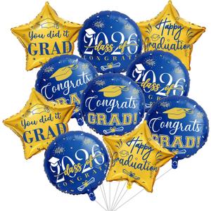 Graduation Balloons Class of 2026, 10Pcs 18" Blue Gold Congrats Grad Round Foil Balloons with 19" Star Mylar Balloons Grad Party Decorations Supplies for College High School