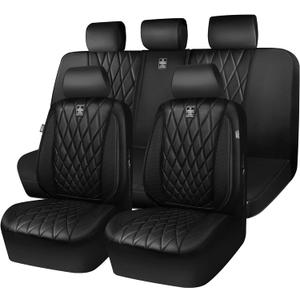 CAR PASS 5 Seats Piping Luxury Faux Leather Seat Covers Full Set, Anti-Slip Waterproof Seat Covers Compatible with Front Armrests, Universal Fit for Suvs,Vans,Trucks,Airbag Compatible, Pure Black