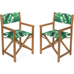 JONATHAN Y Cukor Coastal Acacia Wood Folding Outdoor Director Chair Set of 2 for Patio, Deck & Balcony, Weather-Resistant Teak Brown and Green/White, No Assembly Required DRC1001A-SET2