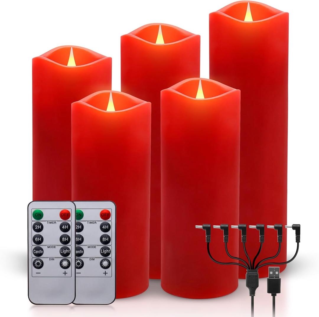 ALED LIGHT Red Real Wax Rechargeable Flameless Candles Flickering Realistic,Rechargeable LED Pillar Candles with Remote for Home Decor Idea GiftPack 5(D 2.2X H 55.5678)