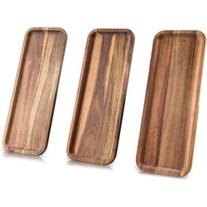 Set of 3 Solid Acacia Wood Serving Trays(14.5 x 5.5 inches) Rectangular Wooden Serving Platters for Dessert, Food, Vegetables, Fruit, Charcuterie, Appetizer Serving Tray, Cookie Platter Cheese Board (14.5" *3pcs)