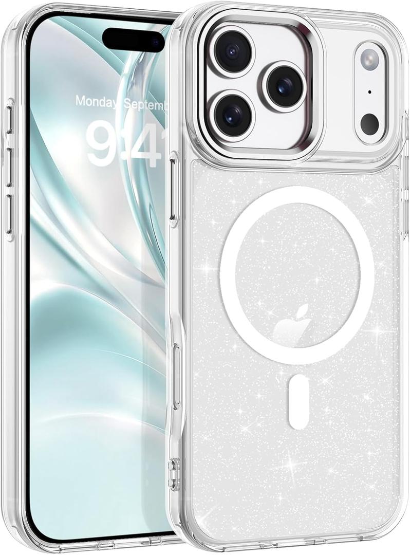 BENTOBEN Magnetic for iPhone 17 Pro Max Case,Clear Sparkly Glitter Phone Case [Compatible with MagSafe] Shockproof Cute Anti-Slip Anti-Yellow Women Girl Protective Cover for iPhone 17 Pro Max,Clear
