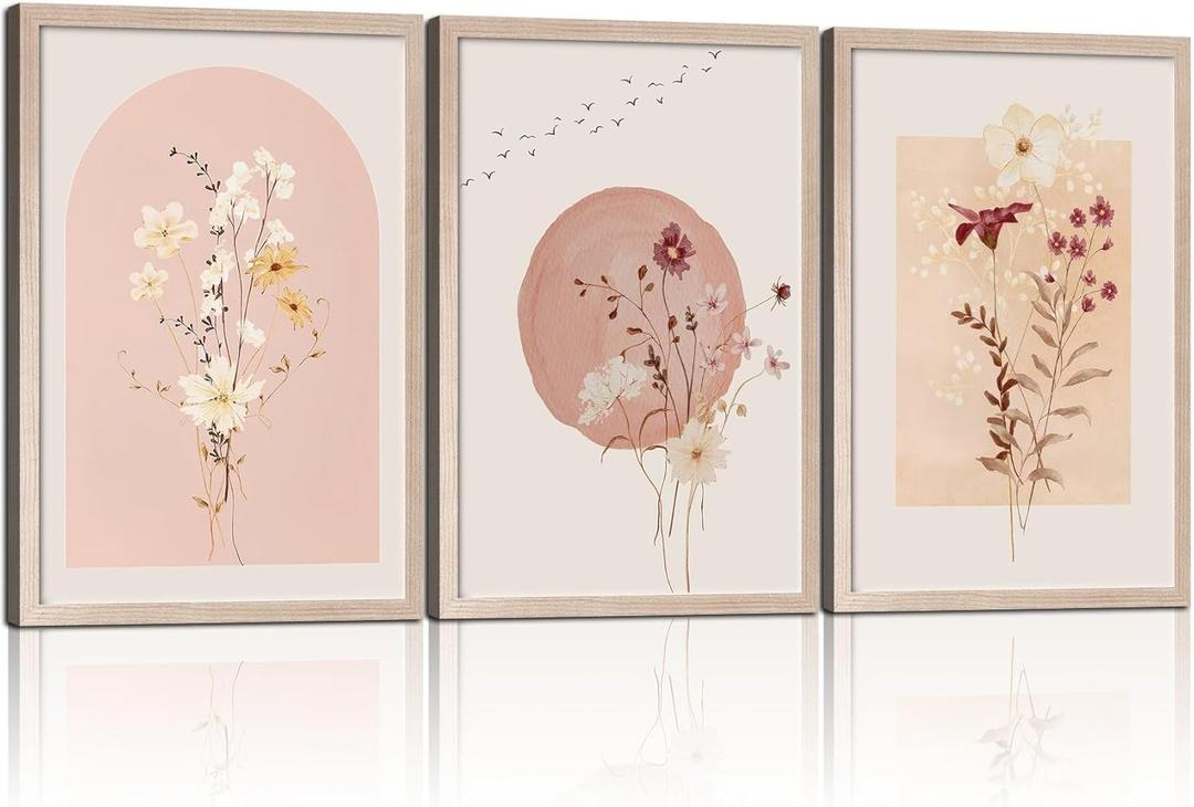 MochaMilly 3Pcs Framed Watercolor Flower Wall Art Wildflower Floral Wall Decor Pictures Botanical Canvas Wall Art Vintage Prints Boho Flower Painting Minimalist Floral Poster for Room Bedroom 24x16, Color: Botanical Prints