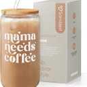 Mom Glass Can, Mama Needs Coffee Cup with Lid & Straw, Iced Coffee Aesthetic Cups, Idea Gifts for Christmas Birthday Mother Day, Gifts for Women, 16oz