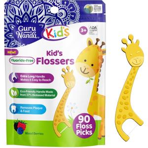 GuruNanda Dental Floss Picks for Kids, Extra-Long Giraffe-Shaped Picks, Fluoride-Free, Anti-Slip & Shred-Resistant Design & Eco-Friendly Handle & Berry Flavor, Ideal for Ages 3+, 90 Count (Pack of 1)
