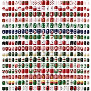 Kacctyen 384pcs 16pack Christmas Press on Nails Winter Square Short Red Fake Nails with Santa Elk Snowflake Pattern Glue on for Women Girls (Bright Pattern)