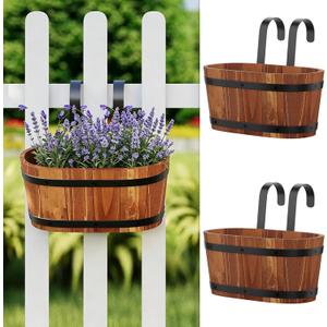 Hanging Wooden Flower Pots, Railing Planter for Any Balcony, Porch or Deck Countryside Style with Detachable Hooks for Garden Yard Home Decor (Brown)