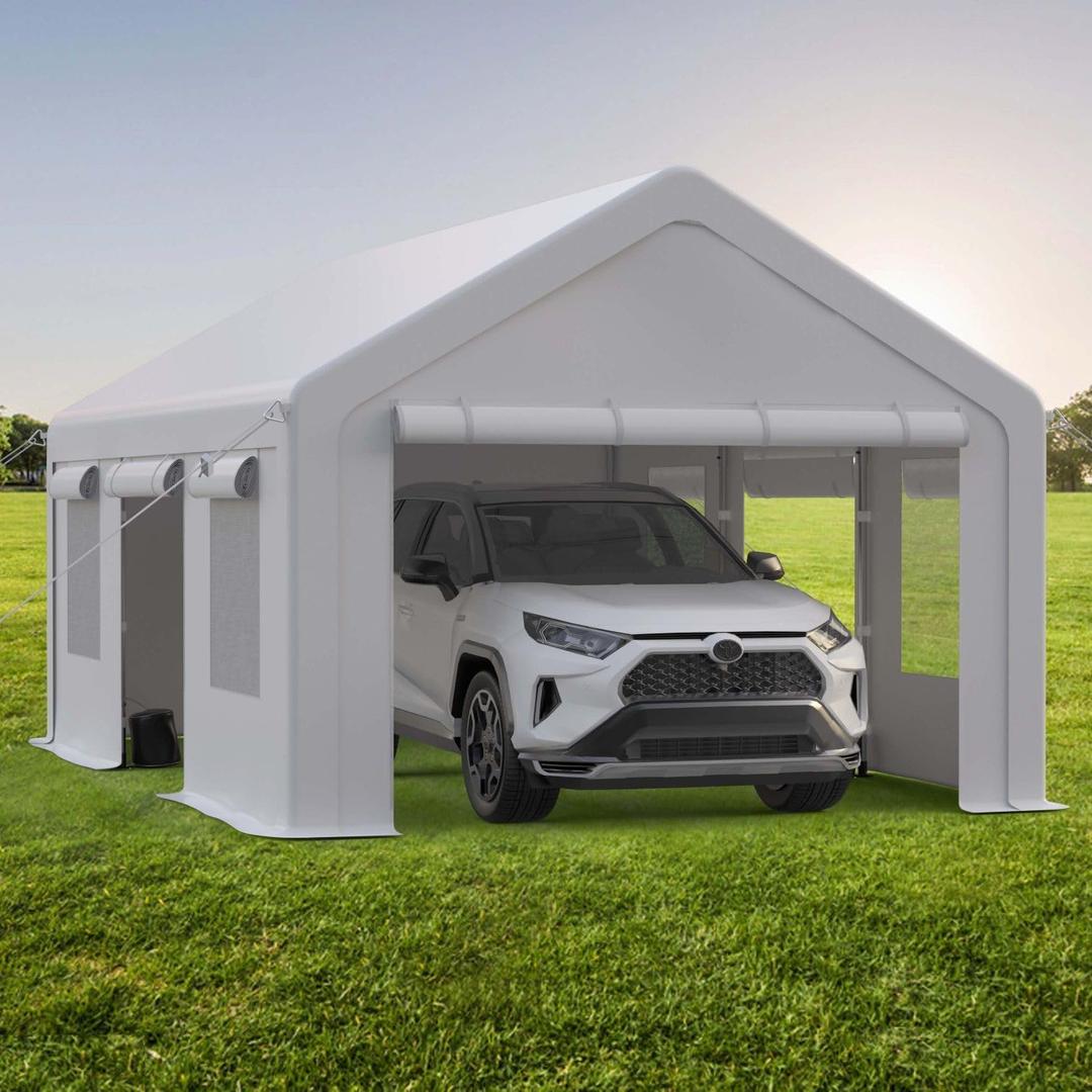 13x20FT Portable Garage, 13'x20' Carport Heavy Duty, Galvanized Frame & 180 g PE Waterproof Canopy, with 4 Doors (Included 2 Side Doors), and 4 Windows, for Pickup Truck, and Boat (WHITE)