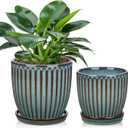 Oairse Ceramic Pots for Indoor Plants, 4.9 +5.7 inch Pots for Plants Set of 2 Marble Blue Plant Pots with Drainage Holes and Saucers Texture Ceramic Planters Indoor Outdoor Flower Pots for Succulent