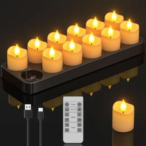 PChero Rechargeable Flameless Candles with Remote Timer & Charging Base, 12 Pack Votive Candles Battery Operated Tea Lights Flickering, LED Tealights for Home Wedding Halloween Fall Christmas Decor