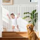 34-53" No Bottom Bar Baby Gates Dog Gate for Stairs, 39" Extra Tall Child Safety Gate with Auto Close Design, Large Walk Thru Door, Extra Wide Hardware Mount Pet Gate for Doorways Deck Indoor Outdoor (White)