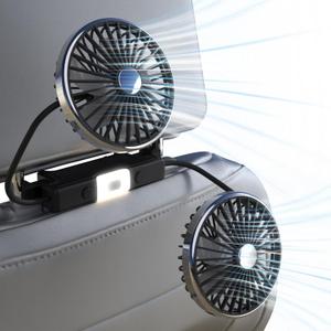 USB Car Fan for Backseat, Dual Head Car Cooling Fan, 2 LED Lights 3 Speeds 360 Rotatable Quiet Brushless Motor for Front/Rear Passengers Kids and Dogs, Electric Air Circulation Fan for RV SUV Truck