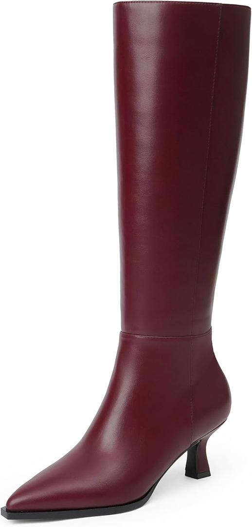 Modatope Knee High Burgundy Boots Women Boots Fall 2025 Long Wine Red Boot for Women Kitten Heel Stiletto Dress Pointed Toe Leather Low Heel Tall Boot Size 8