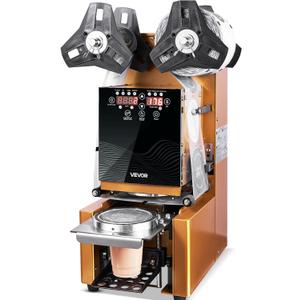 VEVOR Fully Automatic Cup Sealing Machine, 500-650 Cups/H, Cup Sealer Machine for 190 mm Tall & 90/95 mm Cup, Electric Tea Sealer with Digital Control LCD Panel for Bubble Milk Tea Coffee, Gold (3 Ring)