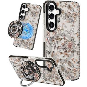 for Samsung Galaxy S23 FE Case for Women - Girls Cute Design Compatible with Magsafe Magnetic Ring Holder Stand Butterfly Plants Phone Covers Aesthetic Girly TPU Funda for S23 FE
