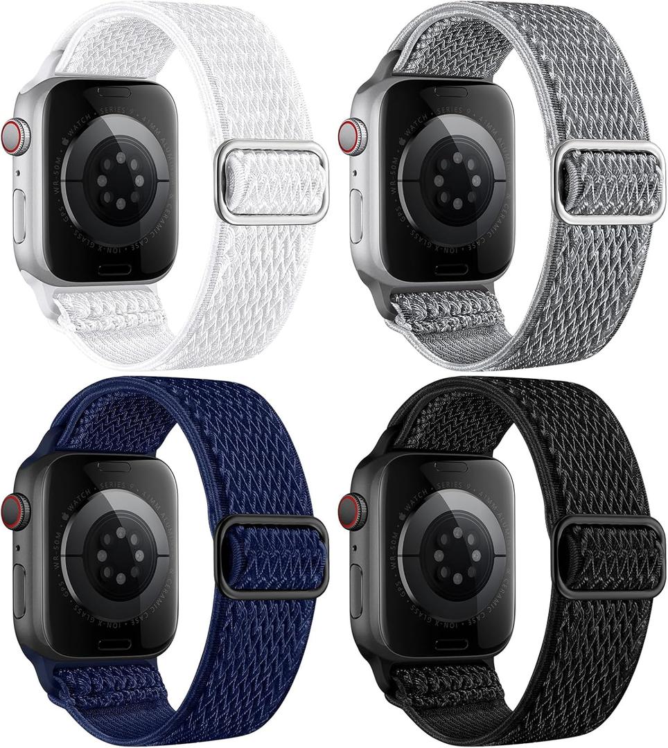 4 Pack Stretchy Nylon Band Compatible with Apple Watch Bands for Men Women 44mm 40mm 41mm 42mm 45mm 46mm 49mm 38mm, Braided Solo Loop Elastic Strap for iWatch Ultra 3 2 Series 11 10 9 8 7 6 5 4 SE 3 (Black/Gray/White/Midnight Blue)