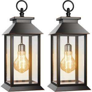 2 Pack Solar Lanterns Outdoor, Hanging Glass Solar Lights Waterproof, Dual Power Solar & 2*AA Battery, for Porch, Patio, Yard and Indoor Table or Mantel