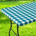 Rectangle Vinyl Table Cloth, Waterproof Elastic Fitted Tablecloth with Flannel Backing, Plastic Table Cover for Picnic, Camping, Outdoor (White & Turquoise, 30"x60")